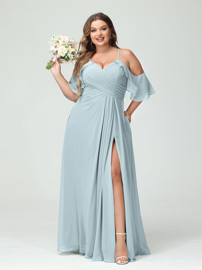 Vestidos Princesa/ Formato A com Alças Finas Manga Curta Chiffon Franzido Lado Dividido Vestidos de Dama de Honra Tamanho Grande com Bolsos