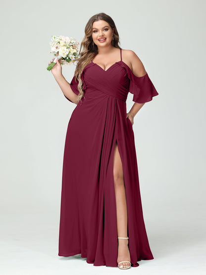Vestidos Princesa/ Formato A com Alças Finas Manga Curta Chiffon Franzido Lado Dividido Vestidos de Dama de Honra Tamanho Grande com Bolsos
