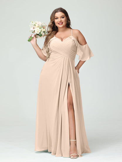 Vestidos Princesa/ Formato A com Alças Finas Manga Curta Chiffon Franzido Lado Dividido Vestidos de Dama de Honra Tamanho Grande com Bolsos