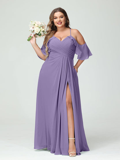 Vestidos Princesa/ Formato A com Alças Finas Manga Curta Chiffon Franzido Lado Dividido Vestidos de Dama de Honra Tamanho Grande com Bolsos