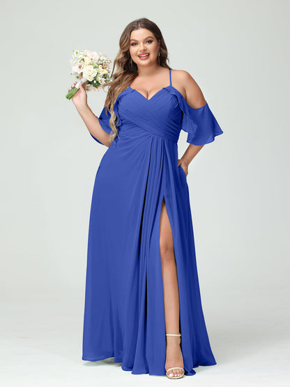 Vestidos Princesa/ Formato A com Alças Finas Manga Curta Chiffon Franzido Lado Dividido Vestidos de Dama de Honra Tamanho Grande com Bolsos