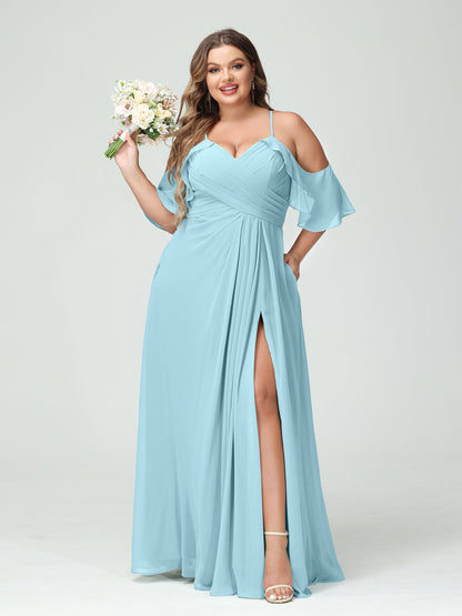 Vestidos Princesa/ Formato A com Alças Finas Manga Curta Chiffon Franzido Lado Dividido Vestidos de Dama de Honra Tamanho Grande com Bolsos