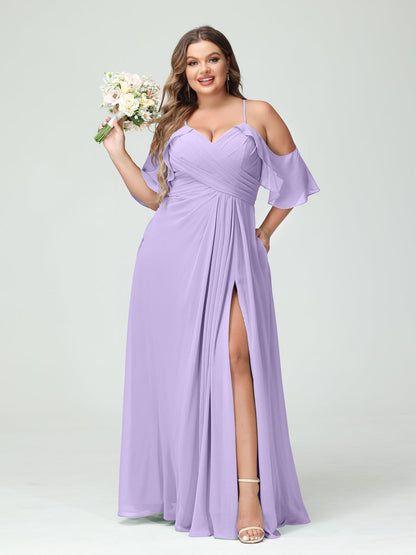 Vestidos Princesa/ Formato A com Alças Finas Manga Curta Chiffon Franzido Lado Dividido Vestidos de Dama de Honra Tamanho Grande com Bolsos