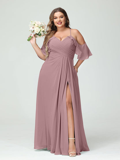 Vestidos Princesa/ Formato A com Alças Finas Manga Curta Chiffon Franzido Lado Dividido Vestidos de Dama de Honra Tamanho Grande com Bolsos