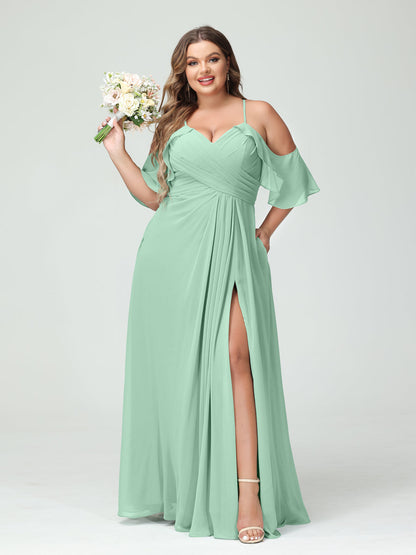 Vestidos Princesa/ Formato A com Alças Finas Manga Curta Chiffon Franzido Lado Dividido Vestidos de Dama de Honra Tamanho Grande com Bolsos