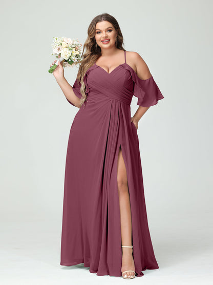 Vestidos Princesa/ Formato A com Alças Finas Manga Curta Chiffon Franzido Lado Dividido Vestidos de Dama de Honra Tamanho Grande com Bolsos