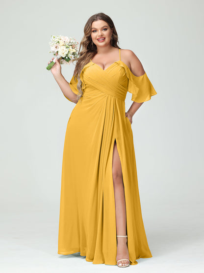 Vestidos Princesa/ Formato A com Alças Finas Manga Curta Chiffon Franzido Lado Dividido Vestidos de Dama de Honra Tamanho Grande com Bolsos