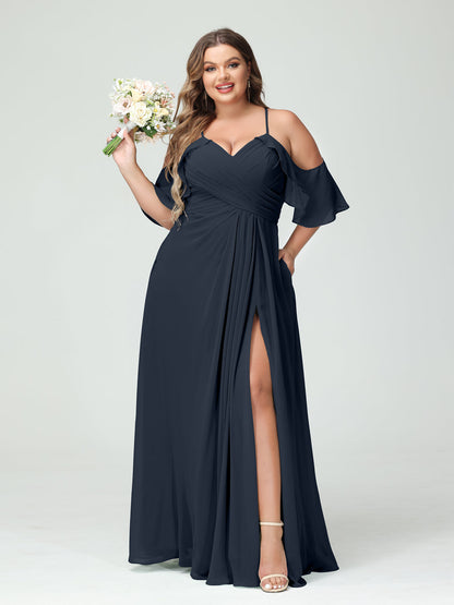 Vestidos Princesa/ Formato A com Alças Finas Manga Curta Chiffon Franzido Lado Dividido Vestidos de Dama de Honra Tamanho Grande com Bolsos