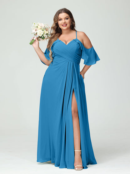 Vestidos Princesa/ Formato A com Alças Finas Manga Curta Chiffon Franzido Lado Dividido Vestidos de Dama de Honra Tamanho Grande com Bolsos