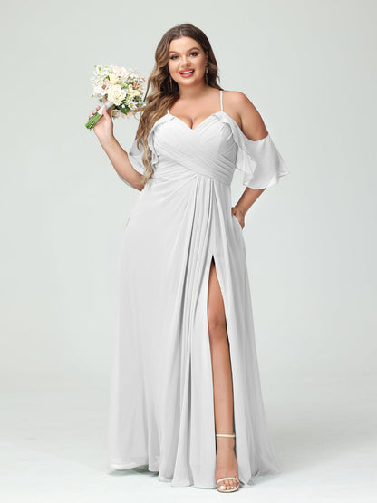Vestidos Princesa/ Formato A com Alças Finas Manga Curta Chiffon Franzido Lado Dividido Vestidos de Dama de Honra Tamanho Grande com Bolsos