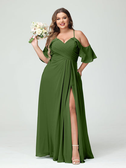 Vestidos Princesa/ Formato A com Alças Finas Manga Curta Chiffon Franzido Lado Dividido Vestidos de Dama de Honra Tamanho Grande com Bolsos