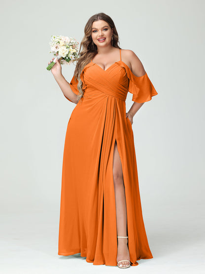 Vestidos Princesa/ Formato A com Alças Finas Manga Curta Chiffon Franzido Lado Dividido Vestidos de Dama de Honra Tamanho Grande com Bolsos