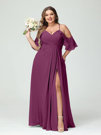 Vestidos Princesa/ Formato A com Alças Finas Manga Curta Chiffon Franzido Lado Dividido Vestidos de Dama de Honra Tamanho Grande com Bolsos