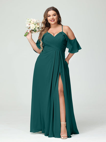 Vestidos Princesa/ Formato A com Alças Finas Manga Curta Chiffon Franzido Lado Dividido Vestidos de Dama de Honra Tamanho Grande com Bolsos