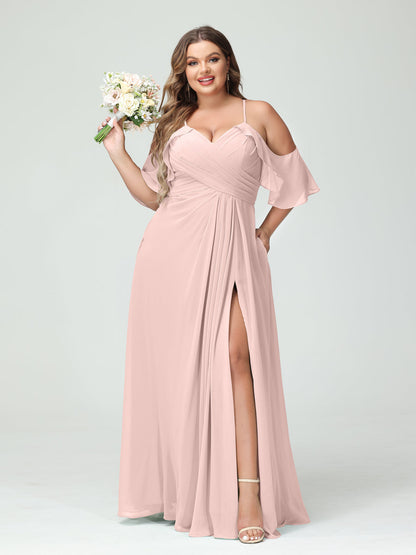 Vestidos Princesa/ Formato A com Alças Finas Manga Curta Chiffon Franzido Lado Dividido Vestidos de Dama de Honra Tamanho Grande com Bolsos