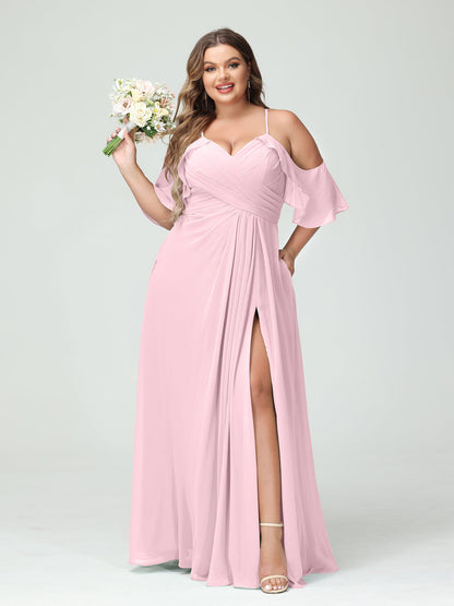 Vestidos Princesa/ Formato A com Alças Finas Manga Curta Chiffon Franzido Lado Dividido Vestidos de Dama de Honra Tamanho Grande com Bolsos