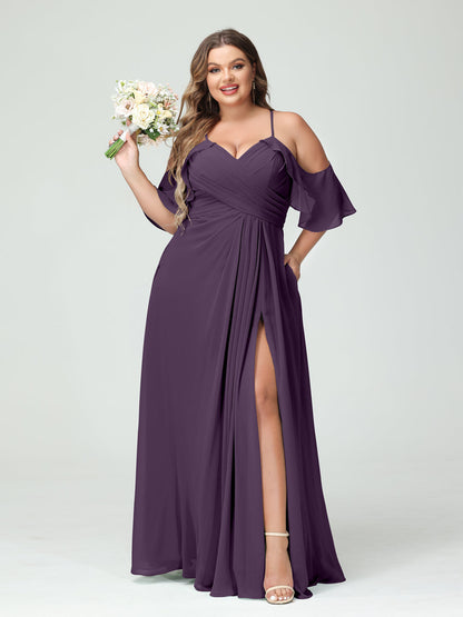 Vestidos Princesa/ Formato A com Alças Finas Manga Curta Chiffon Franzido Lado Dividido Vestidos de Dama de Honra Tamanho Grande com Bolsos