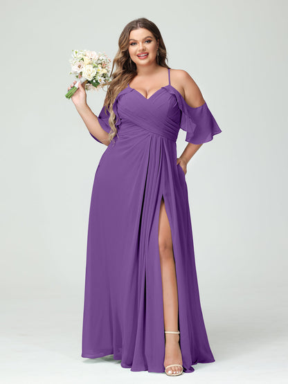 Vestidos Princesa/ Formato A com Alças Finas Manga Curta Chiffon Franzido Lado Dividido Vestidos de Dama de Honra Tamanho Grande com Bolsos