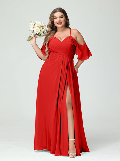 Vestidos Princesa/ Formato A com Alças Finas Manga Curta Chiffon Franzido Lado Dividido Vestidos de Dama de Honra Tamanho Grande com Bolsos