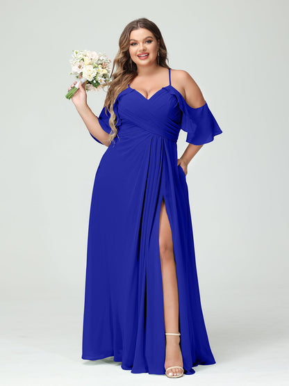 Vestidos Princesa/ Formato A com Alças Finas Manga Curta Chiffon Franzido Lado Dividido Vestidos de Dama de Honra Tamanho Grande com Bolsos