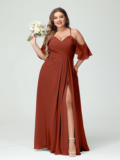 Vestidos Princesa/ Formato A com Alças Finas Manga Curta Chiffon Franzido Lado Dividido Vestidos de Dama de Honra Tamanho Grande com Bolsos
