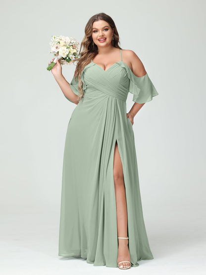 Vestidos Princesa/ Formato A com Alças Finas Manga Curta Chiffon Franzido Lado Dividido Vestidos de Dama de Honra Tamanho Grande com Bolsos