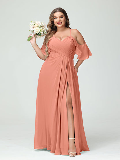 Vestidos Princesa/ Formato A com Alças Finas Manga Curta Chiffon Franzido Lado Dividido Vestidos de Dama de Honra Tamanho Grande com Bolsos
