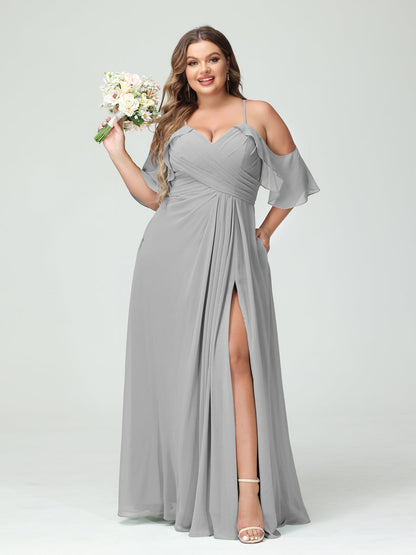 Vestidos Princesa/ Formato A com Alças Finas Manga Curta Chiffon Franzido Lado Dividido Vestidos de Dama de Honra Tamanho Grande com Bolsos