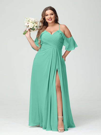 Vestidos Princesa/ Formato A com Alças Finas Manga Curta Chiffon Franzido Lado Dividido Vestidos de Dama de Honra Tamanho Grande com Bolsos