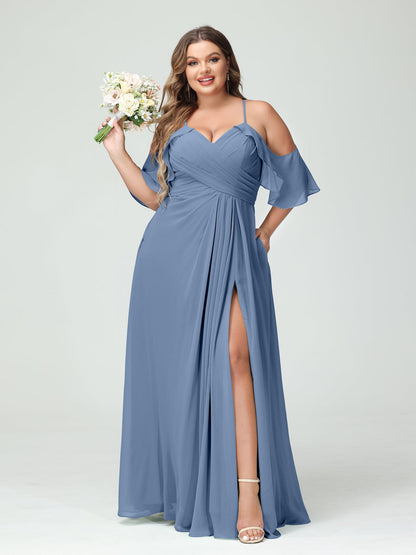 Vestidos Princesa/ Formato A com Alças Finas Manga Curta Chiffon Franzido Lado Dividido Vestidos de Dama de Honra Tamanho Grande com Bolsos
