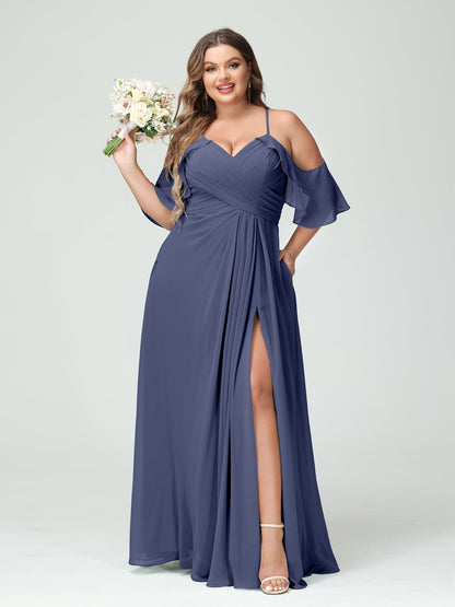 Vestidos Princesa/ Formato A com Alças Finas Manga Curta Chiffon Franzido Lado Dividido Vestidos de Dama de Honra Tamanho Grande com Bolsos
