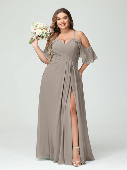 Vestidos Princesa/ Formato A com Alças Finas Manga Curta Chiffon Franzido Lado Dividido Vestidos de Dama de Honra Tamanho Grande com Bolsos