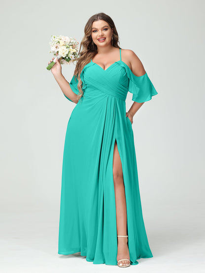 Vestidos Princesa/ Formato A com Alças Finas Manga Curta Chiffon Franzido Lado Dividido Vestidos de Dama de Honra Tamanho Grande com Bolsos