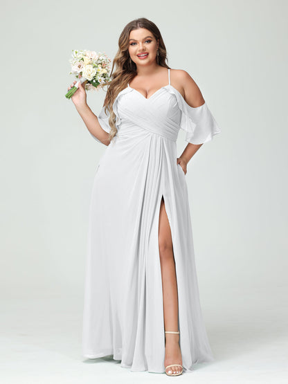 Vestidos Princesa/ Formato A com Alças Finas Manga Curta Chiffon Franzido Lado Dividido Vestidos de Dama de Honra Tamanho Grande com Bolsos