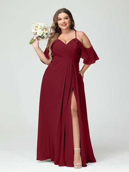 Vestidos Princesa/ Formato A com Alças Finas Manga Curta Chiffon Franzido Lado Dividido Vestidos de Dama de Honra Tamanho Grande com Bolsos