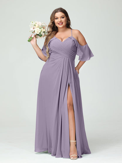 Vestidos Princesa/ Formato A com Alças Finas Manga Curta Chiffon Franzido Lado Dividido Vestidos de Dama de Honra Tamanho Grande com Bolsos