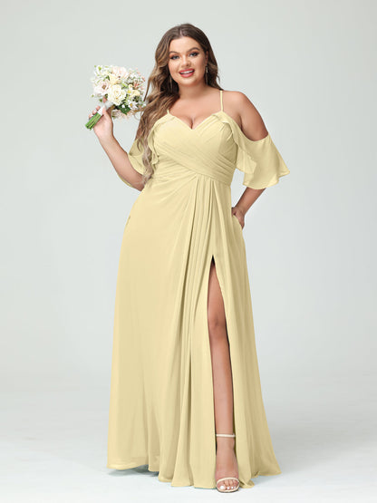 Vestidos Princesa/ Formato A com Alças Finas Manga Curta Chiffon Franzido Lado Dividido Vestidos de Dama de Honra Tamanho Grande com Bolsos