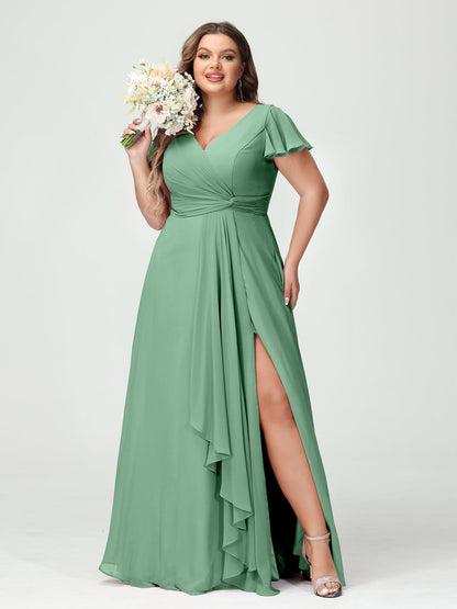 Princesa/Formato A Decote Em V Manga Curta Chiffon Babados Split Side Plus Size Vestidos de Dama de Honra com Bolsos