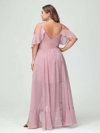 Princesa/Formato A Decote Em V Manga Curta Chiffon Folhos Assimétrico Plus Size Vestidos de Madrinha
