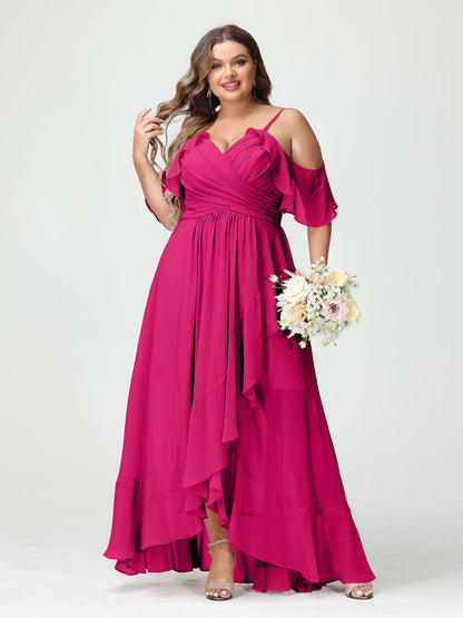 Princesa/Formato A Decote Em V Manga Curta Chiffon Folhos Assimétrico Plus Size Vestidos de Madrinha