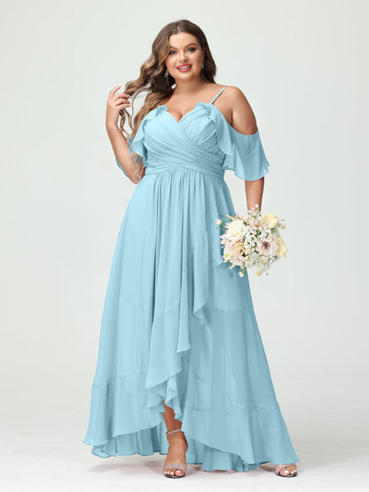 Princesa/Formato A Decote Em V Manga Curta Chiffon Folhos Assimétrico Plus Size Vestidos de Madrinha