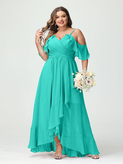 Princesa/Formato A Decote Em V Manga Curta Chiffon Folhos Assimétrico Plus Size Vestidos de Madrinha