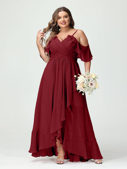 Princesa/Formato A Decote Em V Manga Curta Chiffon Folhos Assimétrico Plus Size Vestidos de Madrinha