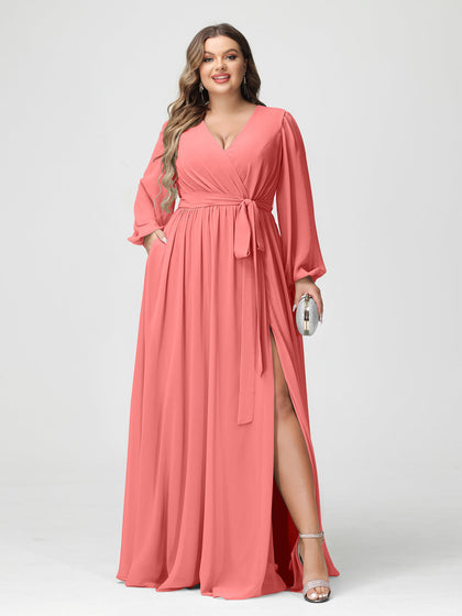 Princesa/Formato A Decote Em V Manga Comprida Chiffon Vestidos de Dama de Honra Plus Size com Bolsos