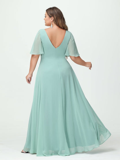 Corte A/Princesa Decote Em V Meia Manga Chiffon Vestidos de Dama de Honra Tamanho Grande com Bolsos