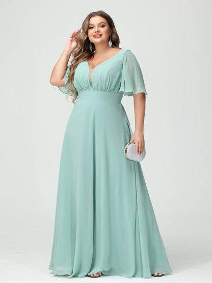Corte A/Princesa Decote Em V Meia Manga Chiffon Vestidos de Dama de Honra Tamanho Grande com Bolsos