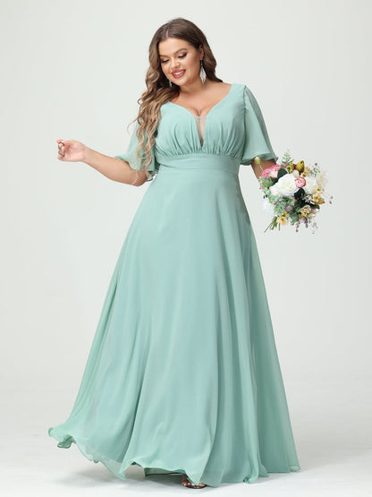 Corte A/Princesa Decote Em V Meia Manga Chiffon Vestidos de Dama de Honra Tamanho Grande com Bolsos