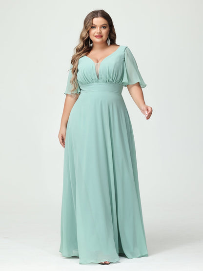 Corte A/Princesa Decote Em V Meia Manga Chiffon Vestidos de Dama de Honra Tamanho Grande com Bolsos