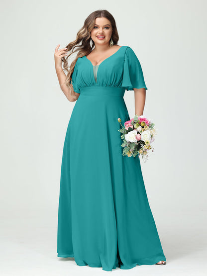 Corte A/Princesa Decote Em V Meia Manga Chiffon Vestidos de Dama de Honra Tamanho Grande com Bolsos