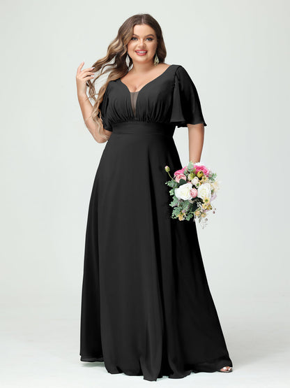 Corte A/Princesa Decote Em V Meia Manga Chiffon Vestidos de Dama de Honra Tamanho Grande com Bolsos
